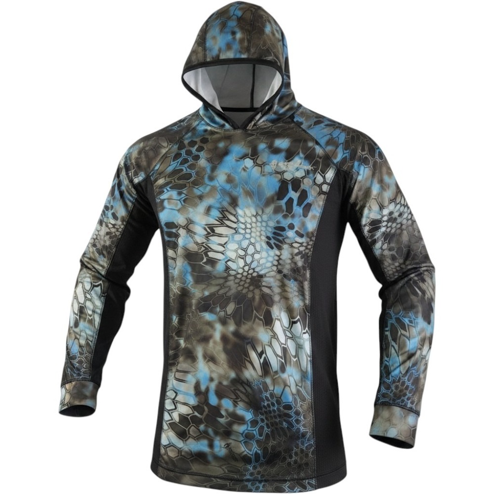 HUK KRYPTEK NEPTUNE Hooded Shirt Mens Small Blue Green Camo Black Fishing